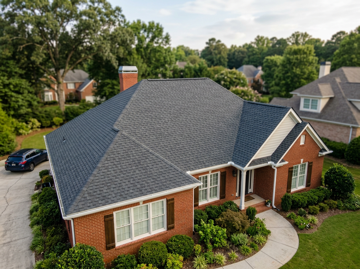 Illustrative close-up of gray shingles and white gutters on a red brick home