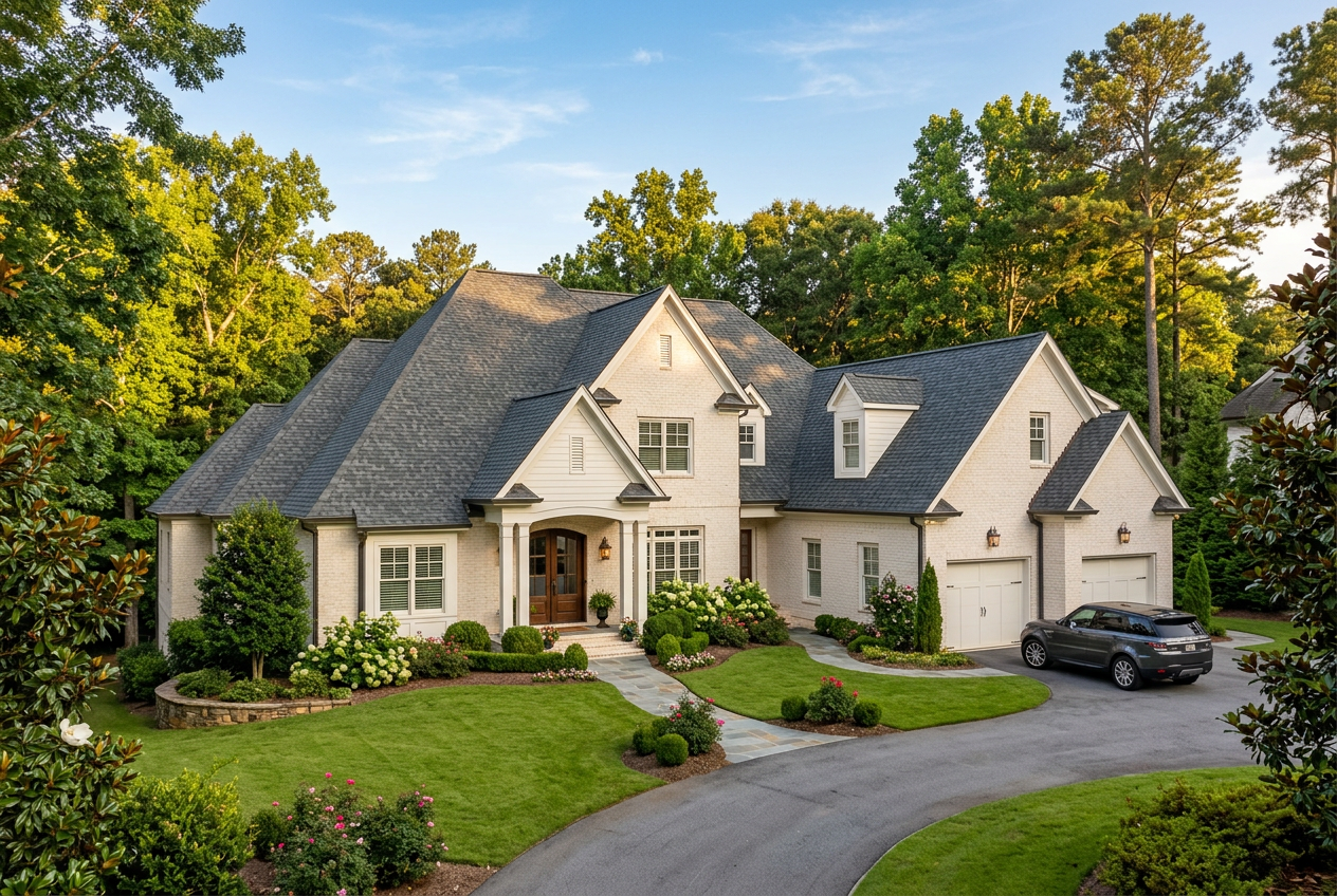 White brick Georgia home with a well-maintained shingle roof